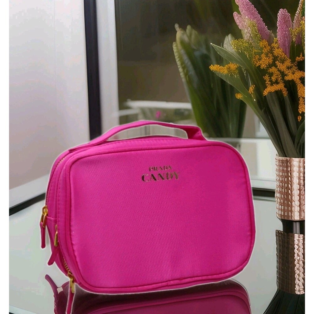 Prada Candy Pink Makeup Travel Bag Case Double Zipper Cosmetic Pouch